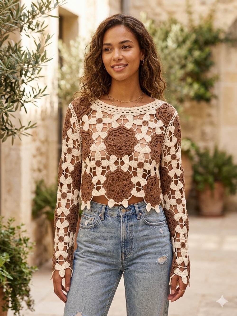 Brown & Cream Crochet Floral Crop Sweater
